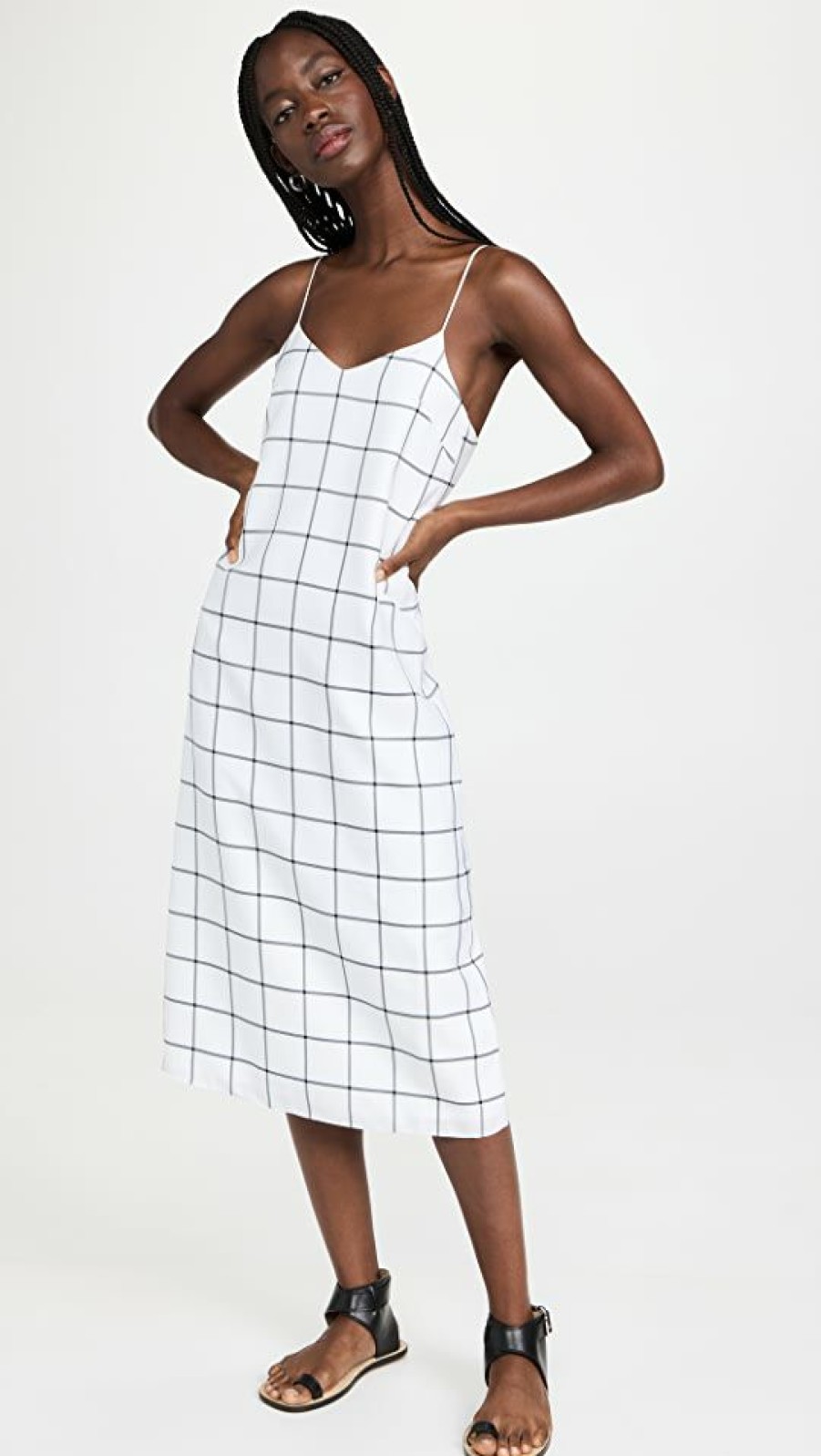 Casual Dresses * | Coupon Tibi Windowpane Techy Twill Slip Dress White/Black Multi