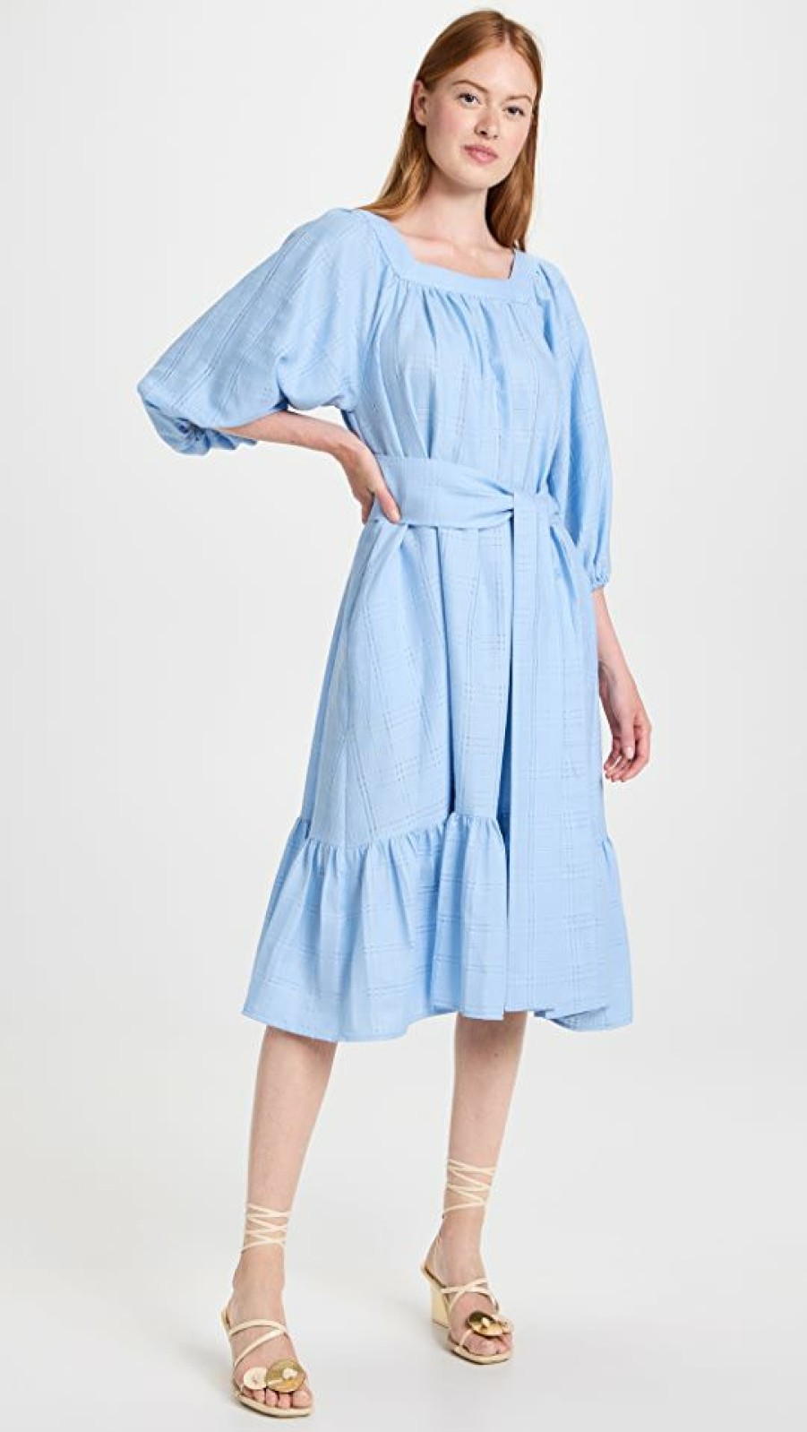 Casual Dresses * | Best Pirce Lisa Marie Fernandez Laure Dress Vintage Blue Ajoure Pique