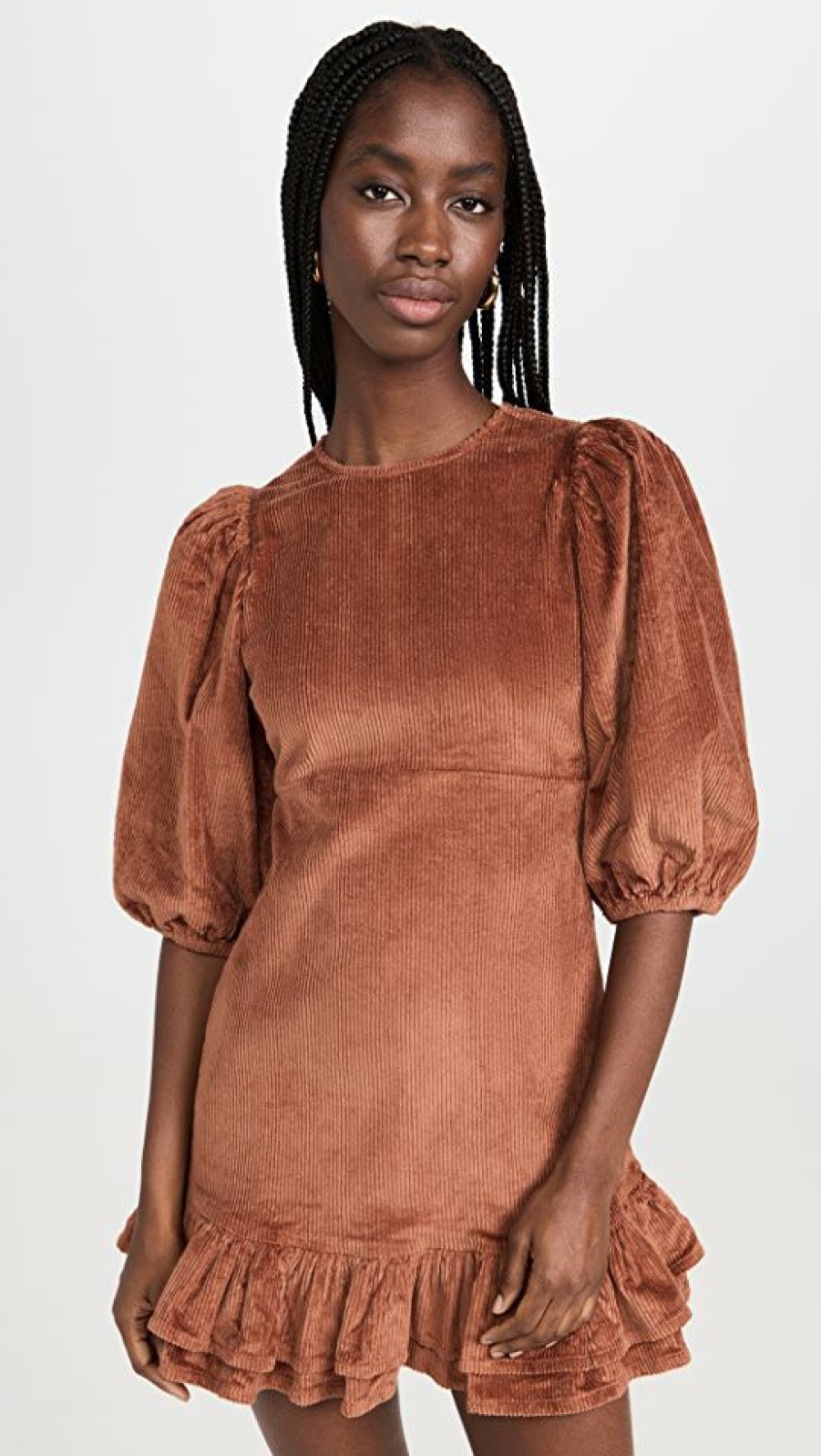 Casual Dresses * | Brand New Bytimo Corduroy Mini Flounce Dress Rusty Brown