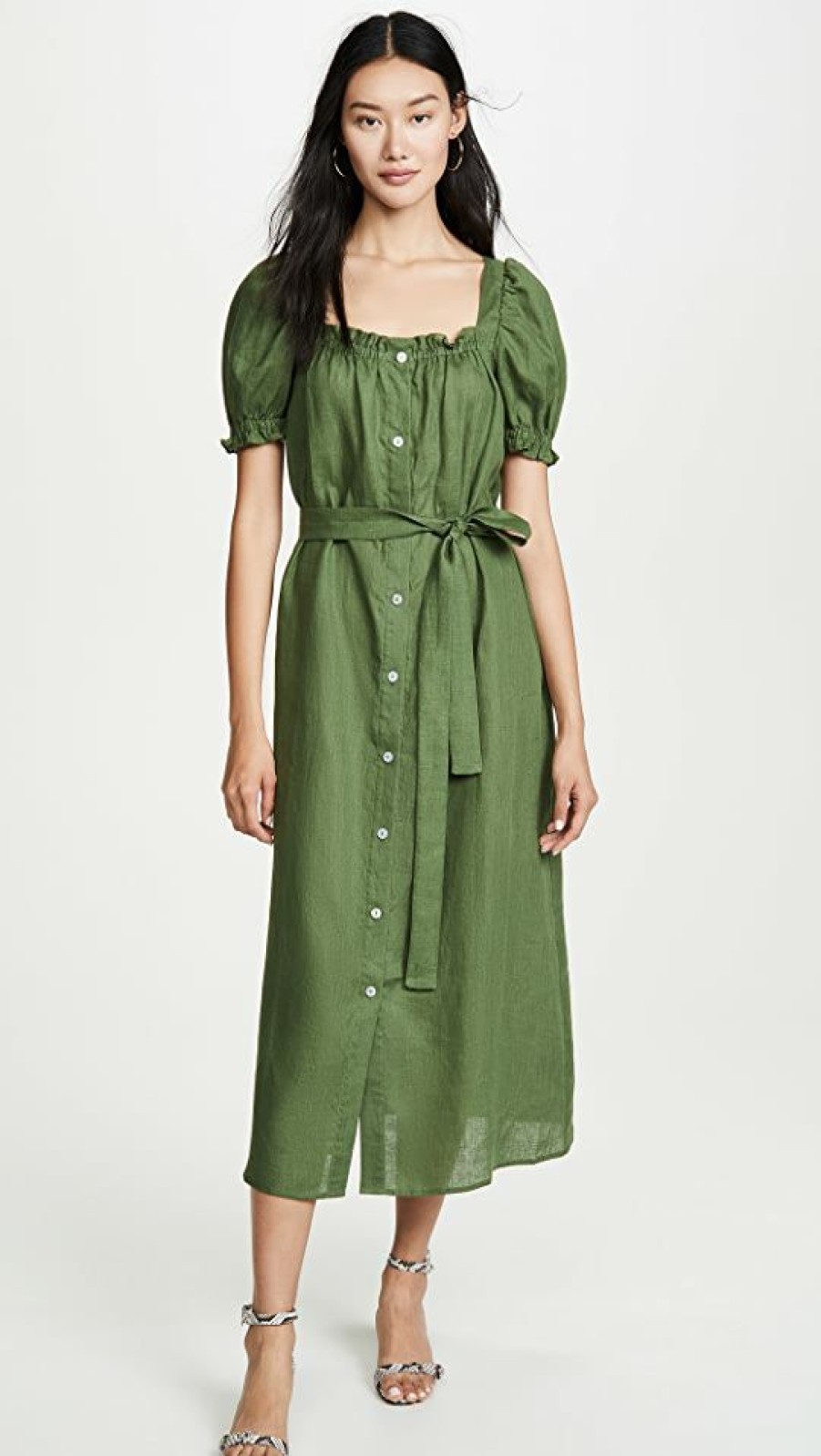 Casual Dresses * | Best Pirce Sleeper Brigitte Linen Midi Dress Green