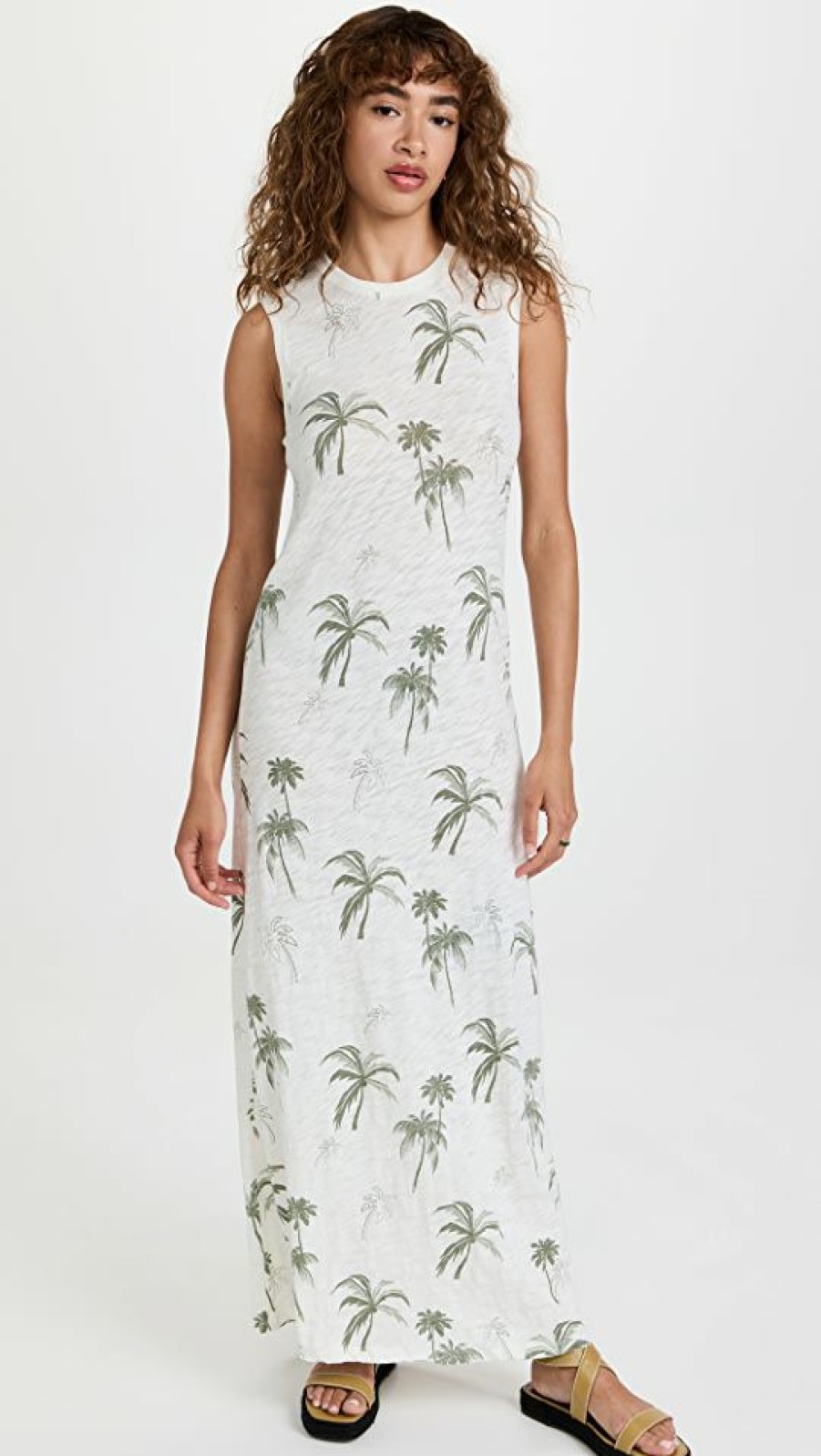 Casual Dresses * | Best Deal Atm Anthony Thomas Melillo Slub Palm Print Short Sleeve Maxi Dress White Combo