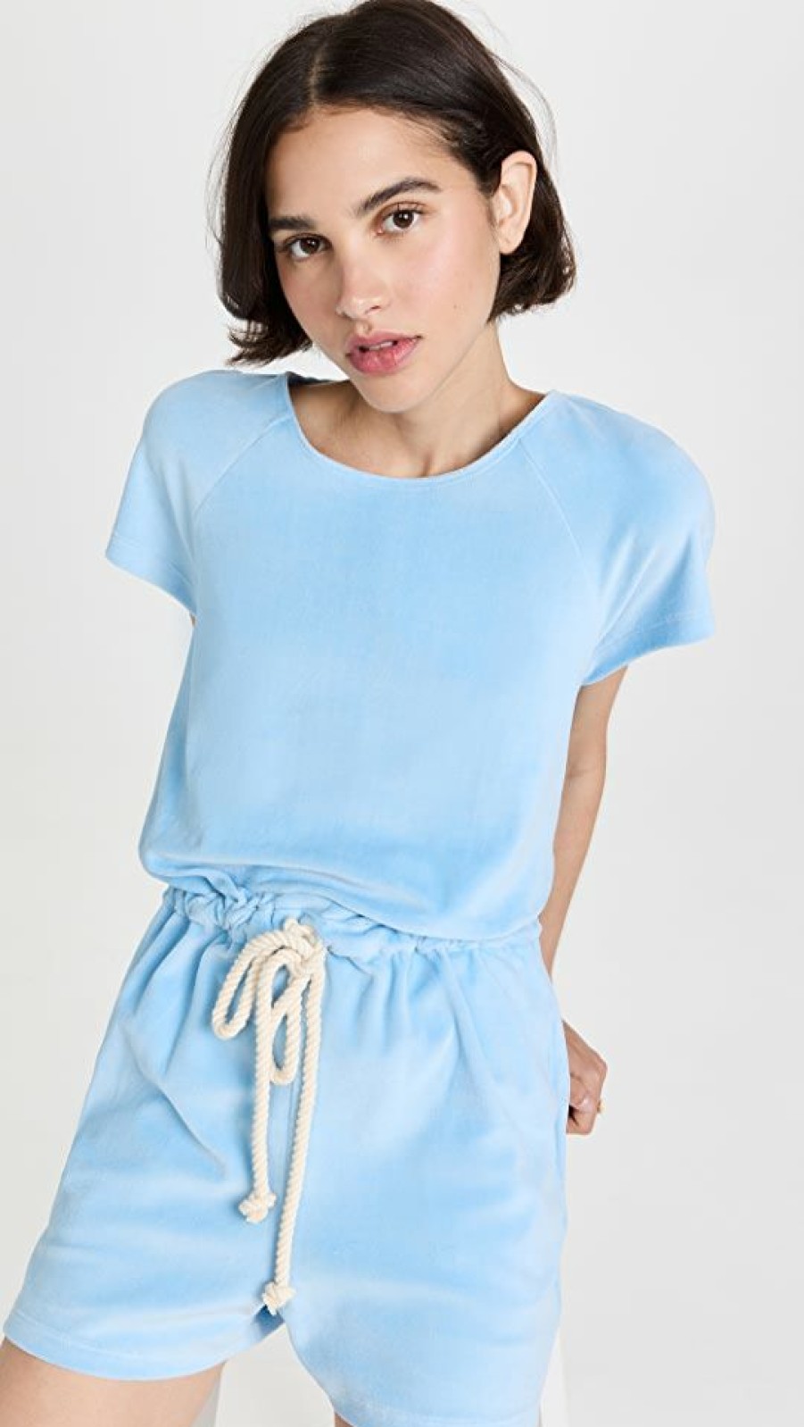 Rompers * | Buy Lisa Marie Fernandez Drawstring Romper Pale Blue Terry Cloth Velour