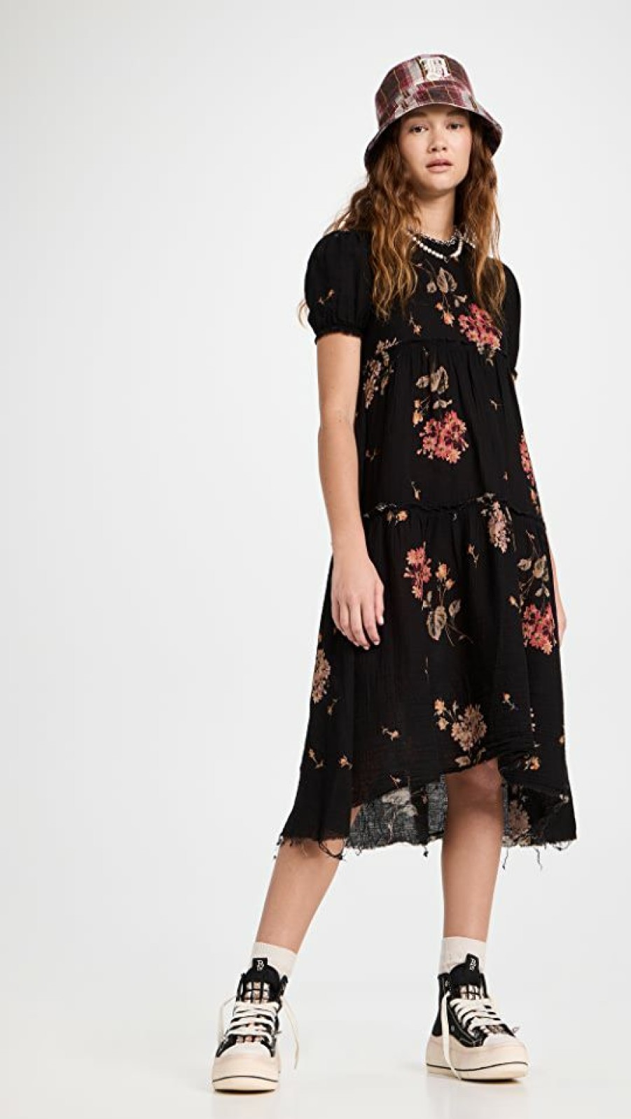 Casual Dresses * | Wholesale R13 Shredded Relaxed Midi Dress Floral On Black