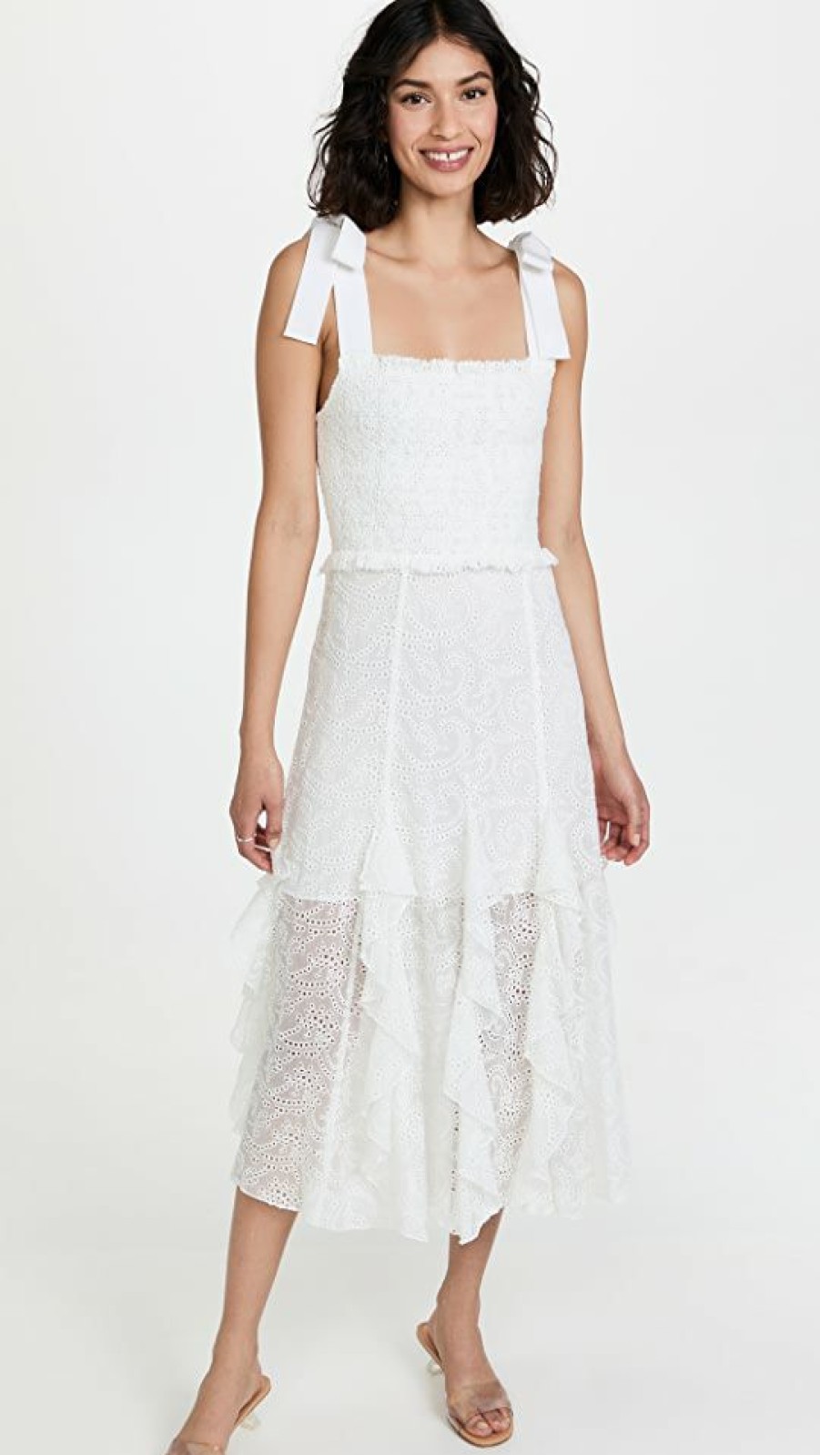 Casual Dresses * | Cheap Alice + Olivia Jocelyn Smocked Midi Dress With Bow Straps Off White