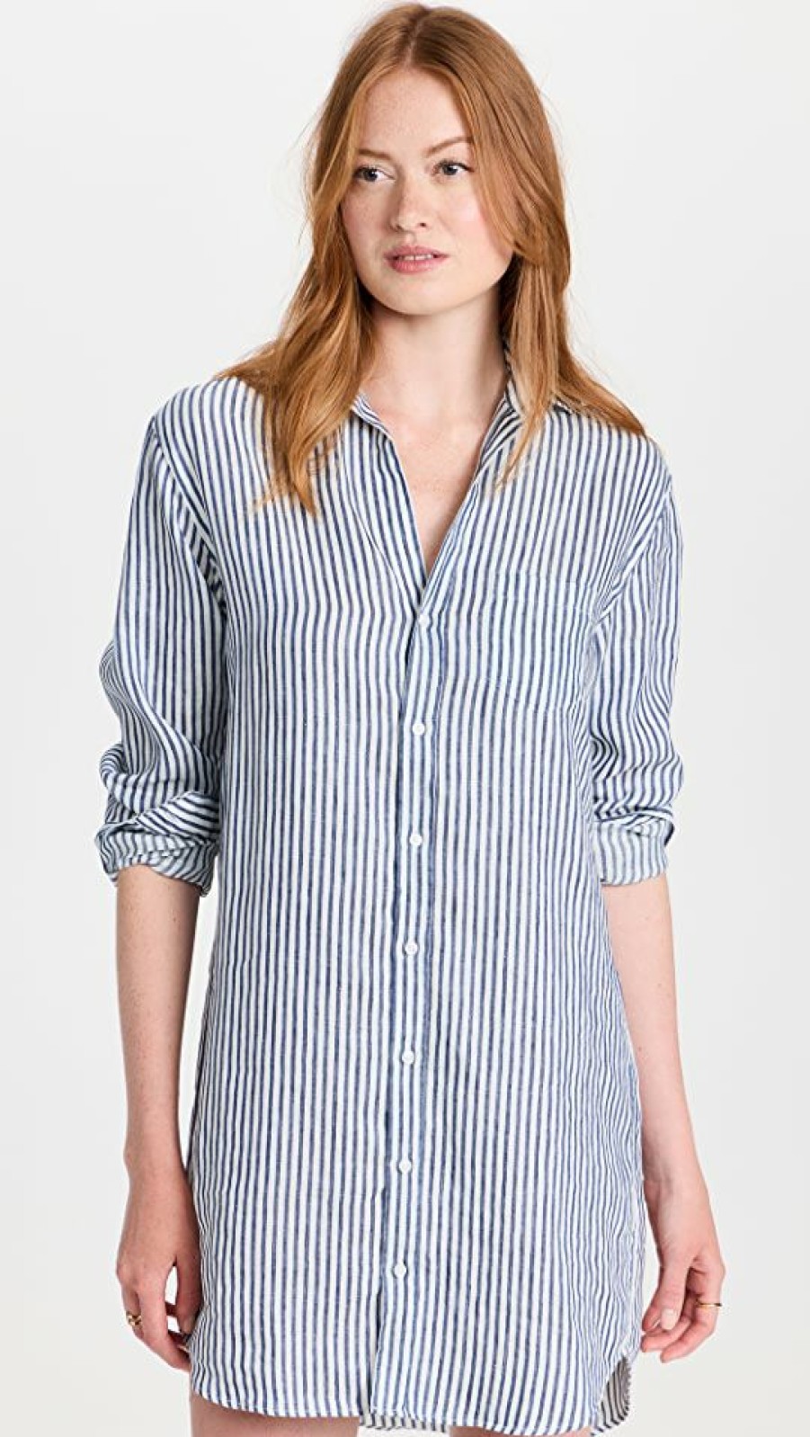 Casual Dresses * | Brand New Frank & Eileen Mary Woven Button Up Dress Navy Blue Stripe