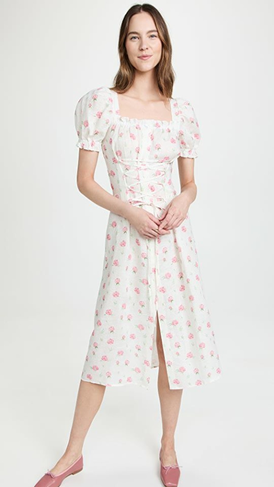 Casual Dresses * | Best Pirce Sleeper Marquise Linen Dress In Roses White/Pink