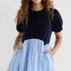 Casual Dresses * | Best Pirce English Factory Mixed Media Babydoll Dress Navy/Blue Stripe