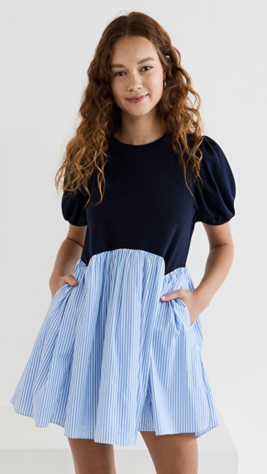 Casual Dresses * | Best Pirce English Factory Mixed Media Babydoll Dress Navy/Blue Stripe