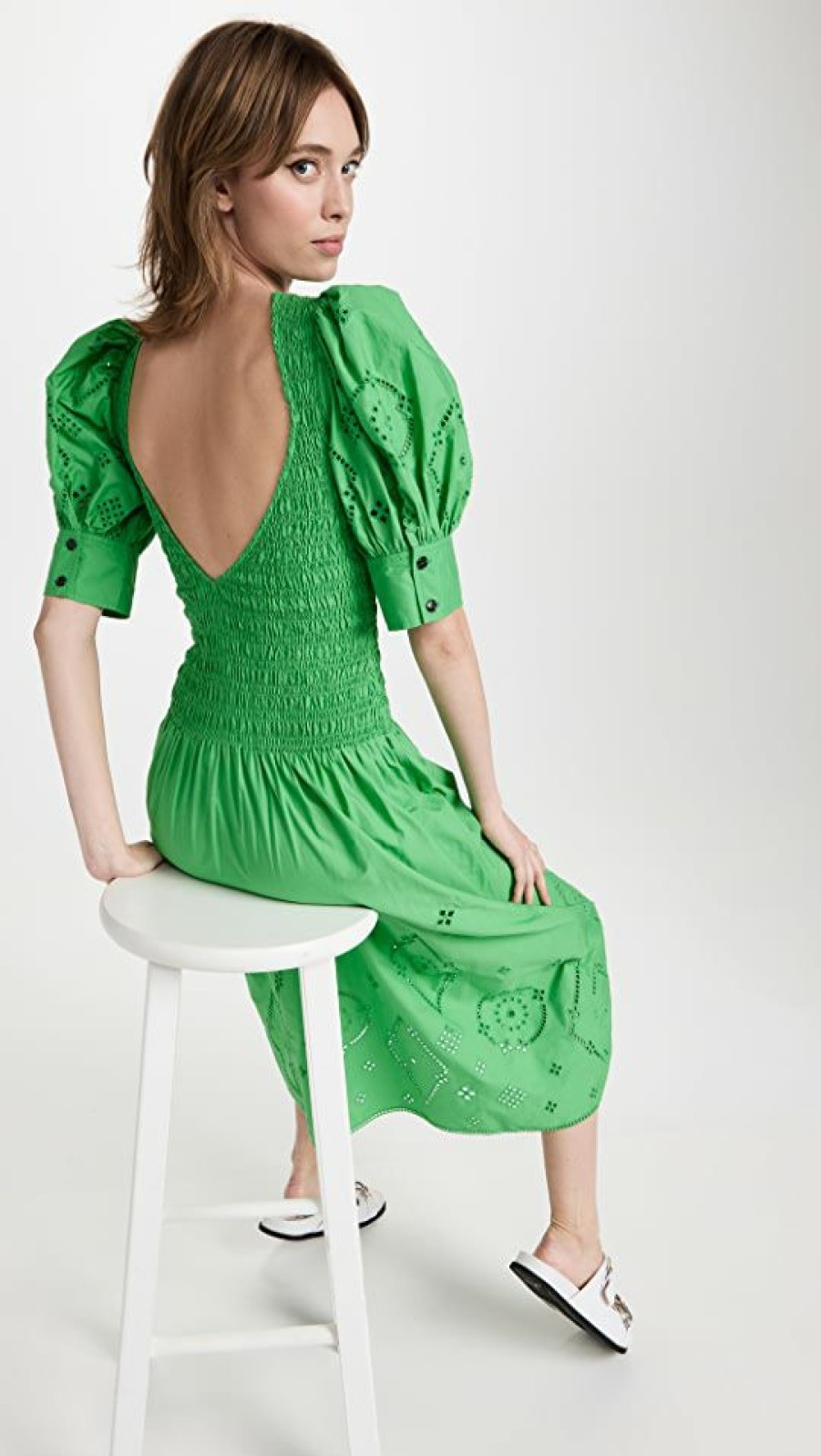 Casual Dresses * | Best Pirce Ganni Broderie Anglaise Dress Kelly Green