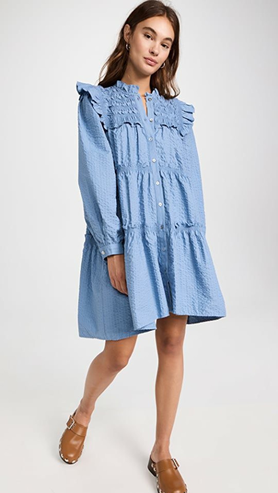 Casual Dresses * | Best Reviews Of Sea Sevyn Solid Seersucker Button Down Dress Blue