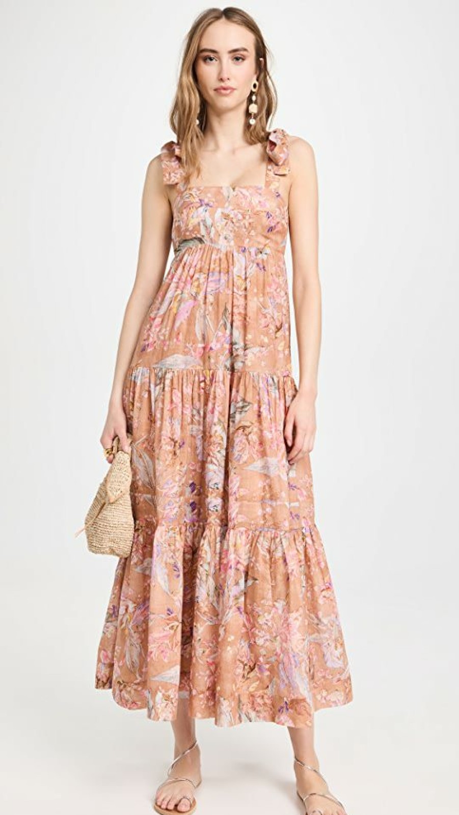 Casual Dresses * | Best Sale Zimmermann Cira Tie Shoulder Midi Dress Mocha Multi Floral