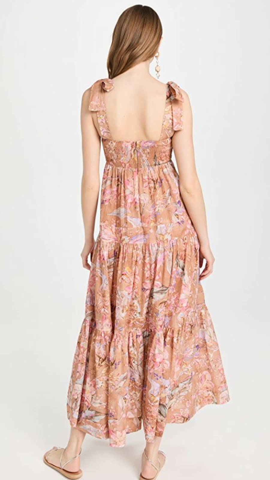 Casual Dresses * | Best Sale Zimmermann Cira Tie Shoulder Midi Dress Mocha Multi Floral