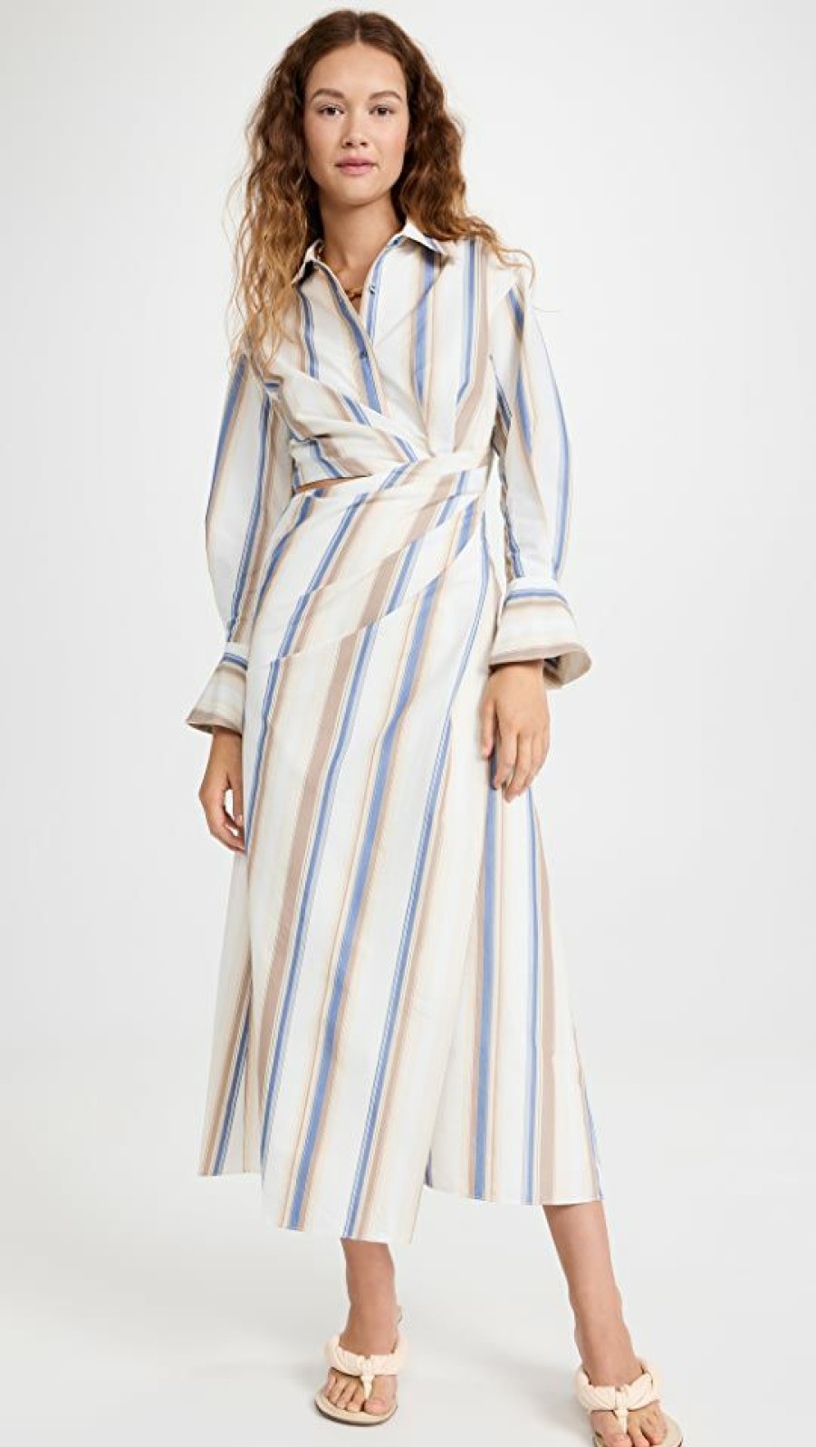 Casual Dresses * | Best Reviews Of Jonathan Simkhai Marge Stripe Heavy Cotton Midi Dress Nougat Stripe